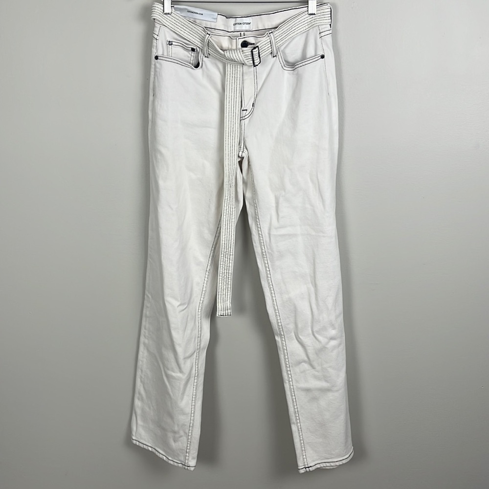 Cotton Citizen Straight Leg Belted White Jeans w Black Accents. Size  28.